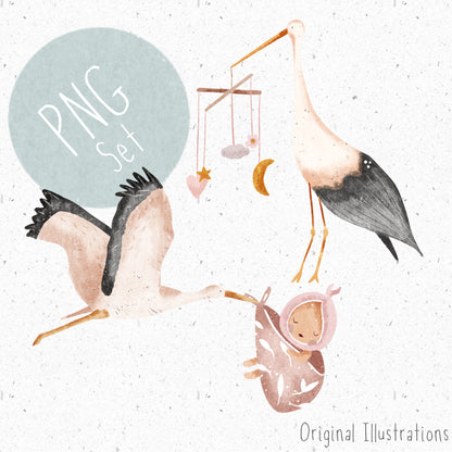 Baby Girl Stork PNG Set