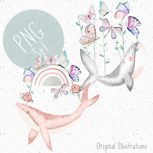 Butterfly Whales PNG Set