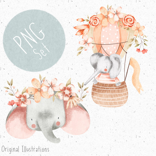 Floral Elephant PNG Set