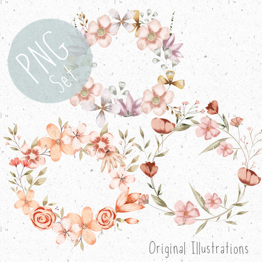 3 Floral Wreaths PNG Set