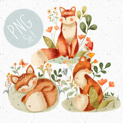 Spring Foxes PNG Set