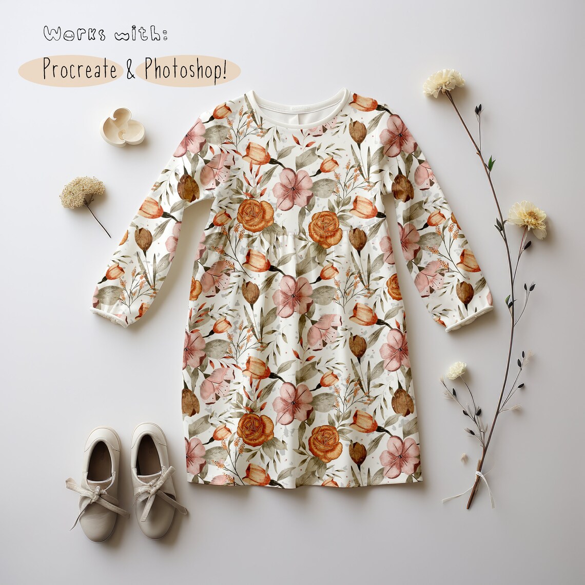 Kids Long Sleeved Floral Dress Mock-up