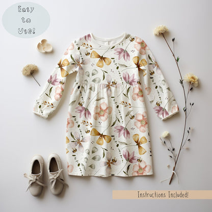 Kids Long Sleeved Floral Dress Mock-up