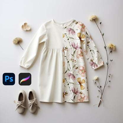 Kids Long Sleeved Floral Dress Mock-up