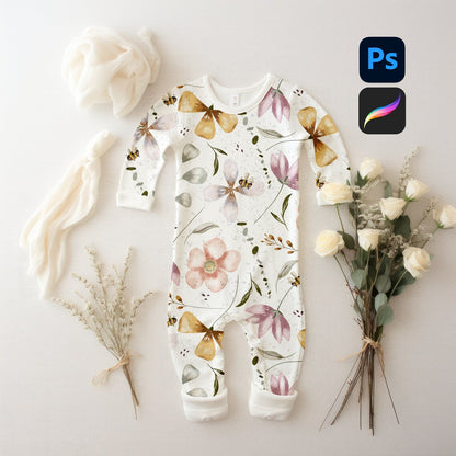 Baby Coverall / Sleepsuit Mockup - Floral Theme